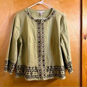 JM Collection Petite Zip-Up Olive green Top with embroidery size 14 petite